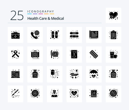 Health Care And Medical 25 Solid Glyph icon pack including history. treatment. telephone. bandage. aid