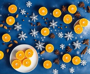 Fototapeta na wymiar orange blue background with snowflakes and balls