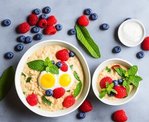 Bircher muesli or overnight oatmeal with apple, banana and blueberries in gray bowl, top view.