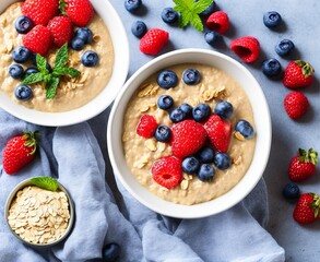 Bircher muesli or overnight oatmeal with apple, banana and blueberries in gray bowl, top view.