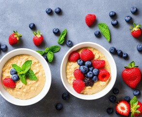 Bircher muesli or overnight oatmeal with apple, banana and blueberries in gray bowl, top view.