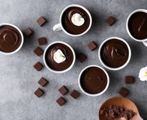  tasty chocolate cream with pieces as background, closeup, puding