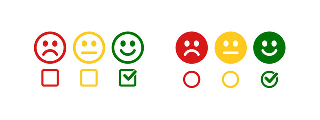 Customer satisfaction concept vector. Ticking smiley emoji sign in flat style concept.	