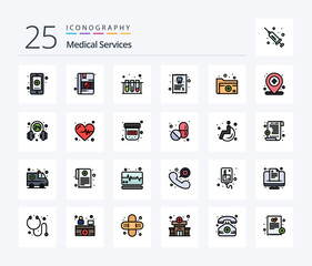 Medical Services 25 Line Filled icon pack including folder. tooth. medical. report. dentist