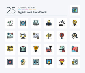 Digital Law And Sound Studio 25 Line Filled icon pack including creative. author. digital. artist. screen
