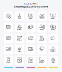 Creative Game Design And Game Development 25 OutLine icon pack  Such As shop. cart. joystick. software. editor
