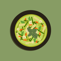 Food illustration, Traditional green curry chicken cuisine asian food, Chicken green curry Thai food on soup bowl with ingredient vegetable herbs and spices pepper chili. Top view on plate for poster