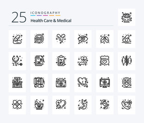 Health Care And Medical 25 Line icon pack including medical. health. pills. care. eye health