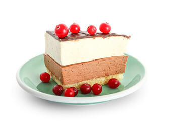 Plate with piece of birds milk cake and cranberries on white background