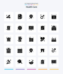 Creative Health Care 25 Glyph Solid Black icon pack  Such As appointment.. ambulance. symbol. female