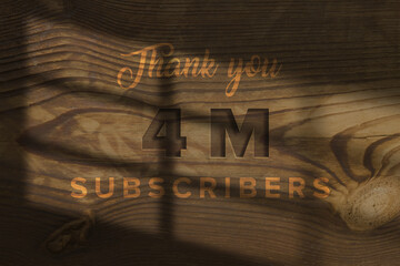 4 Million  subscribers celebration greeting banner with Wooden Engraved Design - obrazy, fototapety, plakaty