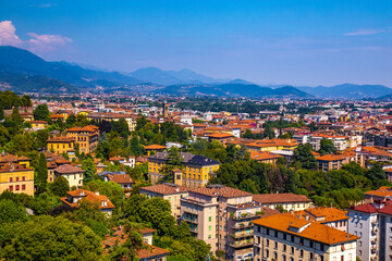 Fototapeta na wymiar Street view of Bergamo old town, italian city northeast of Milan, in the Lombardy region .