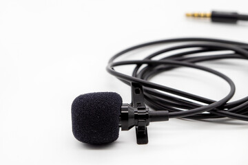 speaker small microphone close shirt arrangement flat lay style on background white 