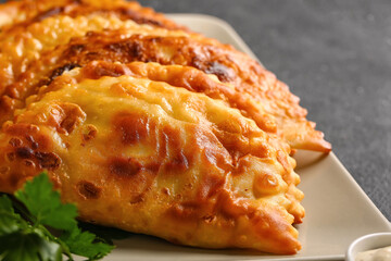 Plate with tasty chebureks on grunge background, closeup