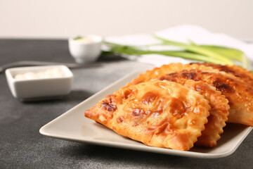 Plate with tasty chebureks on grunge background