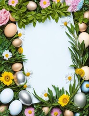 festive easter decoration on blue background, top view