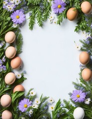 festive easter decoration on blue background, top view