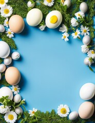 festive easter decoration on blue background, top view