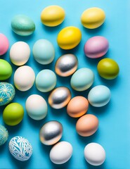 festive easter decoration on blue background, top view