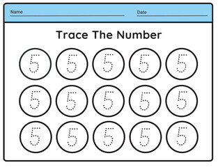 Naklejka premium Number 5 tracing practice worksheet with all numbers for kids learning to count Worksheet. illustration vector