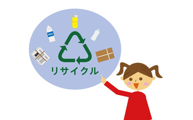 資源ごみの分別リサイクルについて説明している子供のイラスト・段ボール・新聞・リサイクルマーク