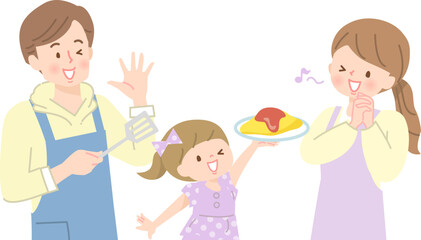 オムライスを作るを3人の親子のベクターイラスト素材