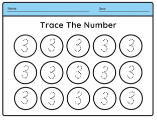 Number 3 tracing practice worksheet with all numbers for kids learning to count  Worksheet. illustration vector