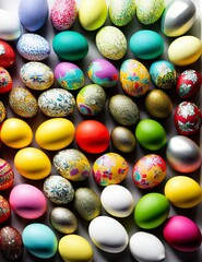 Fototapeta na wymiar colorful easter eggs on a flat background, happy easter