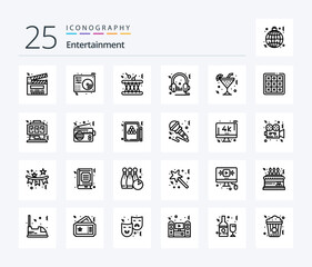 Entertainment 25 Line icon pack including audio. headphone. player. sound. multimedia