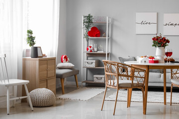 Interior of dining room decorated for Valentine's Day