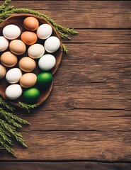 easter eggs and flowers on a white wooden background.