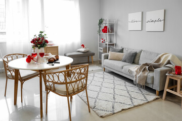 Interior of dining room decorated for Valentine's Day