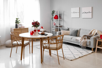 Interior of dining room decorated for Valentine's Day