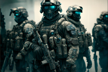 special forces until, undercover, full military people armor holding rifles, ready for battle, fighting, Generative AI - obrazy, fototapety, plakaty