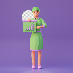 cute girl holding presentation table with business graph, 3d character illustration