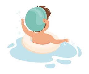 Happy Boy in Swimming Pool Wearing Cap Splashing in Water with Rubber Ring Back View Vector Illustration