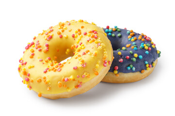 Tasty glazed donuts with sprinkles isolated on white background