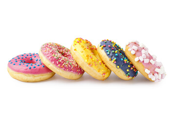 Row of sweet donuts on white background