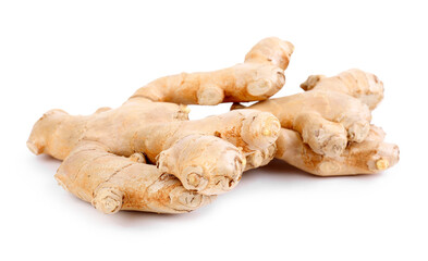 Fresh ginger roots on white background