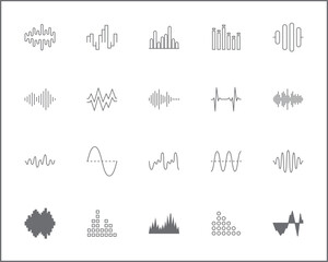 Simple Set of sound wave Related Vector Line Icons.
Vector collection of vibration, signal, analog, sound, audio, graph, equalizer, music and design elements symbols or logo element.

