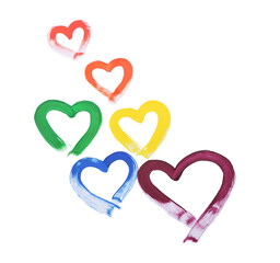 Drawn hearts in colors of LGBT on white background. Valentine's Day celebration