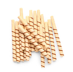 Heap of tasty wafer rolls isolated on white background