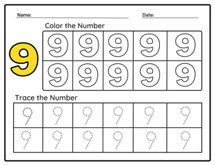 Writing practice number nine printable worksheet for preschool kindergarten kids to improve basic writing skills