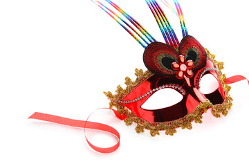 Red carnival mask for Mardi Gras celebration on white background