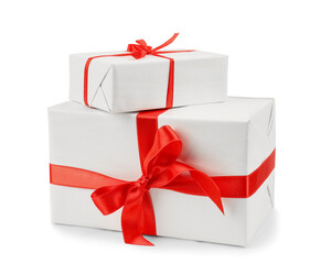 Gift boxes with red satin ribbon isolated on white background. Valentine's Day celebration