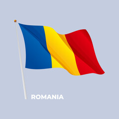 Romania national flag waving at the flagpole. Vector 3D