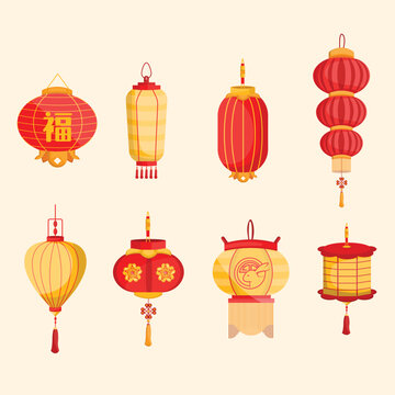 Asian cartoon Lantern concept icon set. Chinatown and Chinatown festival paper lantern element vector illustration on white background.