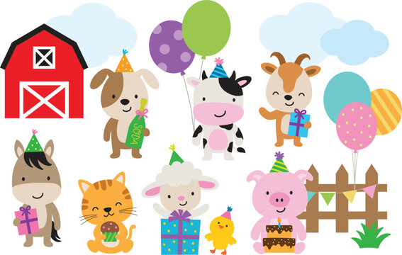 Farm barn animals having a birthday party vector illustration. Animals include a cow, dog, goat, horse, cat, sheep, chicken, and pig.