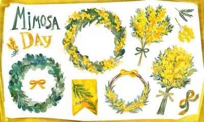 ミモザの水彩イラスト_デザイン素材