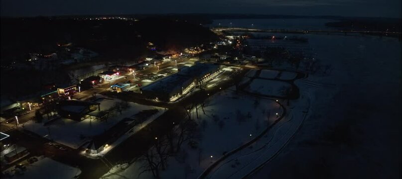 Businesses On 35 And 94 Bridge Over St. Croix In Hudson Wisconsin - Night Aerial